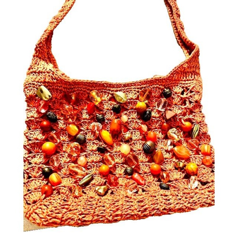 Cappelli Straworld Orange Straw Jeweled Large Beads Shoulder-Hand Bag 22" X 11"